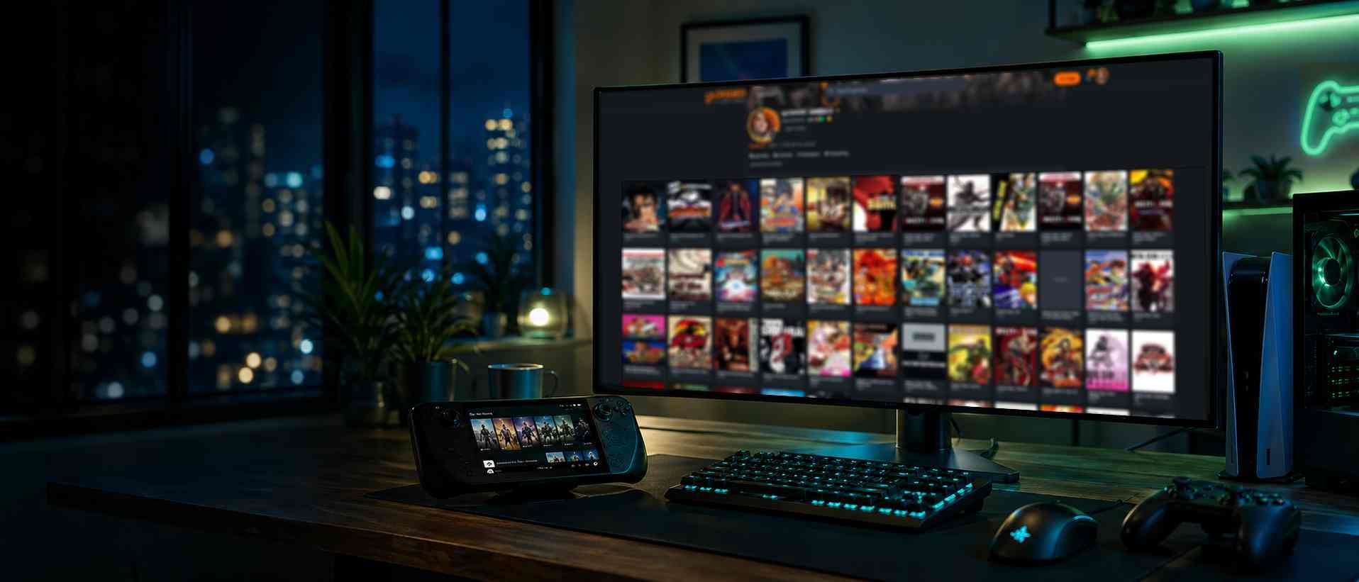 A dark gaming setup at night — curved monitor showing a library of game covers, Steam Deck, mechanical keyboard, and console at the side.