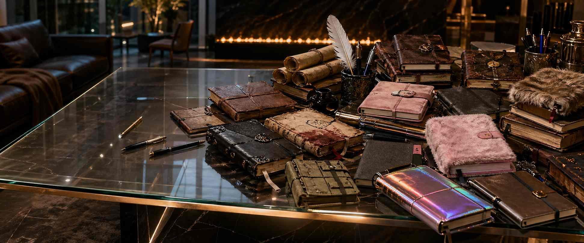 A glass table covered in old leather-bound journals, scrolls, and quill pens, lit by a fireplace in the background.